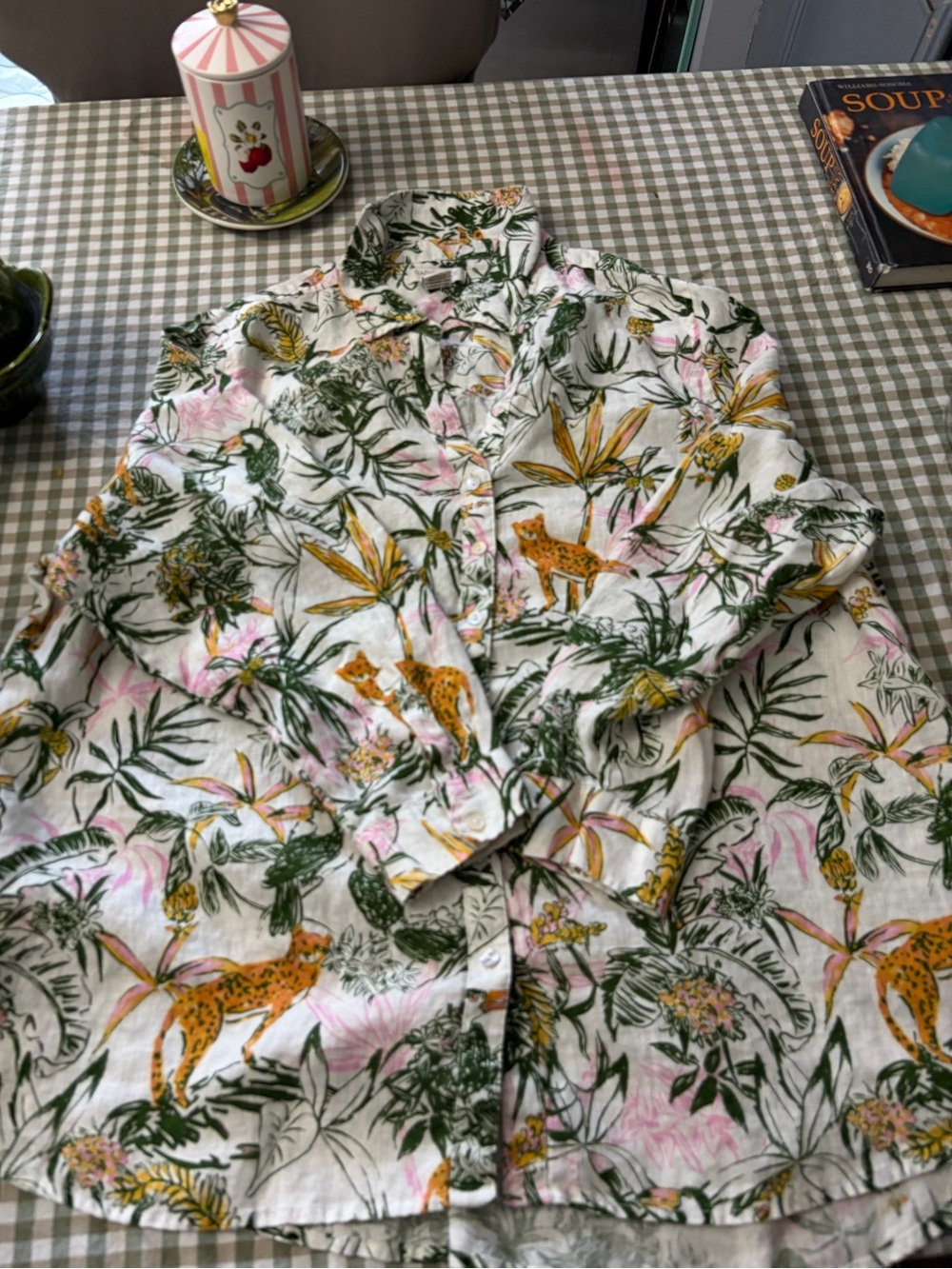 Rachel Zoe blouse with Green, Pink & Gold Jungle Print